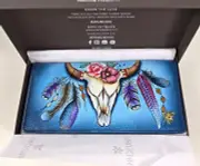 Anuschka Hand Painted Leather RFID Two Fold Clutch Wallet Feather Skull Longhorn