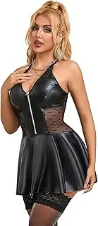 [sunshinelady] Women's Faux Leather Lingerie Sets Sexy Babydoll Backless Mini Dress Wet Look Nightwear Rave Outfits Mesh Splice Bustier Corset Front Zipper with Garter Belt Plus Size Lingerie UK 10-18