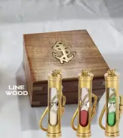3x Vintage Brass Sand Timer Antique Maritime Hourglass Key Chain with wood box