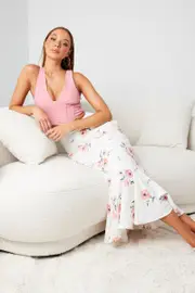 White Floral Maxi Skirt High Waist Fit & Flare - Size 14, Women's Maxi Skirt