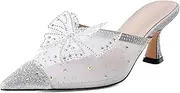 [AUMOTED] Women Kitten Heel Mules Rhinestone Bow Sandals Pointed Toe Heeled Mule Slip On Low Heels Slipper Glitter Mesh Wedding Bridal Shoes 2.5 Inch