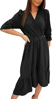 [SHINsuke] Women Cute Summer V Neck Midi Dress, Solid Casual Spring Long Sleeve Belt Long Ruffle A-Line Swing Wrap Dresses Work Party