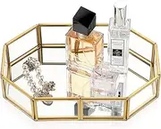 Hipiwe Mirror Glass Vanity Tray - Gold Ornate Makeup Vintage Octagonal Perfume Dresser Jewelry Trinket Organizer for Bathroom Storage Home Decor