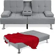 [Best Choice Products] Linen Upholstered Modern Convertible Folding Futon Sofa Bed for Compact Living Space, Apartment, Dorm, Bonus Room w/Removable Armrests, Metal Legs, 2 Cupholders - Gray