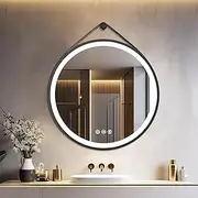 LUVODI Lighted LED Bathroom Mirror: 23" Black Round Hanging Vanity Mirror for Wall with Leather Strap - 3 Colors Dimmable Front Lit Makeup Mirror Anti Fog with Sensor Touch for Bedroom Entryway