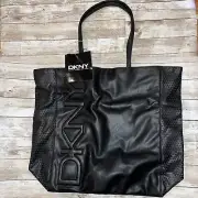 DKNY faux Leather Black Tote Mesh Sides Brand New