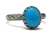 Oval Arizona Mined Turquoise Ring Symmetrical Flower Crown 925 Sterling Silver