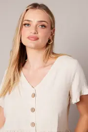 Beige Button Up Top V-Neck Frill Hem Top Linen - Size 10, Women's Top