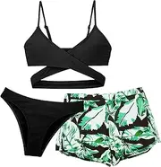 [Happy Cherry] 3 Piece Girls' Bikini Sets Kids Swimsuit Summer Beach Swimwear Set Quick Drying Surfing Swimsuits with Shorts