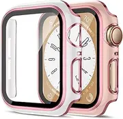 2 Pack Cases for Apple Watch Case 40mm 41mm 44mm 45mm Series 9/8/7/se2/se/6/5/4 Built in Tempered Glass Screen Protector Ultra-Thin Bumper Full Coverage iWatch Protective Cover for Women Men