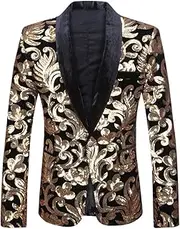 [PYJTRL] Men Fashion Velvet Sequins Floral Pattern Suit Jacket Blazer