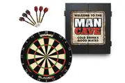 Winmau Blade 6 Triple Core Dart Board + Welcome to the Man Cave Dartboard Cabinet + Darts