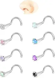 [GingYing] Nose Rings Studs: 8Pcs 20G 316L Surgical Steel Nose Studs Hypoallergenic Corkscrew Nose Piercing Stud Jewelry for Women Men Silver Cubic Zirconia Imitation Diamond 1.5mm 2mm 2.5mm 3mm