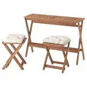 NÄMMARÖ table and 2 stools, outdoor, light brown stained foldable/foldable Kuddarna light grey-beige, 108x37 cm