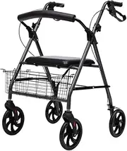 Walker,Rollator Walker Aluminum Alloy for Seniors, Black with Seat - with Back Support, 6 Inch Wheels, 220lbs Support, Lightweight Little Surprise