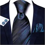 [VSOLS] Men's Blue Black Striped Tie 3.4" Tie Pocket Square Cufflinks Wedding Party Silk Tie Set (Color : SN-3425, Size : 59.06 * 3.35in)