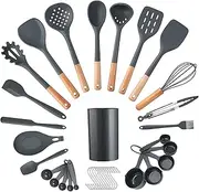 [Puricon] Kitchen Cooking Utensil Set, 35 Pcs Silicone Non-Stick Cooking Tools Utensils Set with Wooden Handle Spatula Spoon Turner Kitchen Gadgets Cookware with Holder –Grey