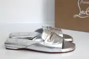 sz 6 / 36.5 Christian Louboutin Miss MJ Silver Leather Mules Sandal Flat Shoes