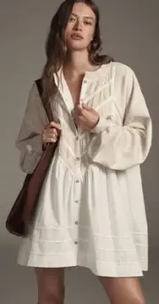 Anthropologie Pilcro Long Sleeve ButtonFront Twofer Mini Dress Nude White XL NWT