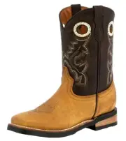 Kids Unisex Genuine Leather Cowboy Boots Honey Brown Square Toe Youth Size 1, 2