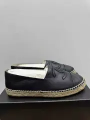 CHANEL Leather Coco Mark Espadrilles Slip-ons Dark Navy Blue Size 39EU