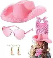 [Generic] Pink Cowgirl Hat,4X Carnival Pink Cowgirl Hat for Women - Glasses Bandana and Earrings Included Role Play Cowgirl Hat with Plush for Photography