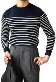 [Generic] Men's Striped Turtleneck SweaterCasual Pullover Slim Fit Ribbed Knitted Sweater