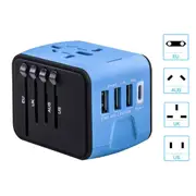 Universal International Travel AC Power Adapter Plug 3 USB+ Type C Charger Blue