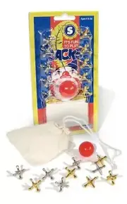 10 METAL JACKS & BALL in Cloth Bag/Pouch Retro Game Steel Red Rubber Jack Jax