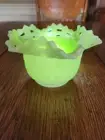 Fenton Lime Green Basket Weave Bowl with Ruffled Rim and Lattice Top, Glows