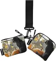 [XYMZR] Mini Zip Around Wristlet keychain Wallet Black Cat Window Autumn for Women Personalized Pattern Detachable Dual Pouch Wristlet Portable Wallet Phone Coin Purse, Multi-colored, One Size