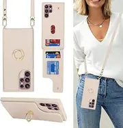 Lipvina for Samsung Galaxy S22 Ultra Case with Card Holder and Strap for Women,Crossbody Lanyard,Stand Ring Kickstand,Snap Clasp,Phone Wallet Cases 6.8 inch(Beige)