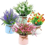 Auolen 4 Packs Fake Plants Small Artificial Faux Flowers Plants in Plastic Macaron Pot for Home Bathroom Office Desk Accessories Wedding Decor Indoor