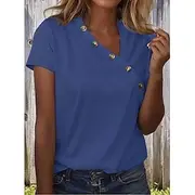 Women's T Shirt Plain Vintage Stylish Classic Short Sleeve V Neck Regular Tops Daily Buttons Print Black White Pink Red Royal Blue Summer Spring