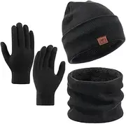 [OZERO] Winter Beanie Gloves Scarf set Men and women Scarf Gloves Set Winter Warm Knitted beanie and Touch screen gloves(Black 3 Pieces)