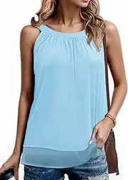 Prinstory Womens Vests Halter Neck Tank Tops Double Layer Pleated Blouses Shirt Loose Sleeveless Chiffon Vest