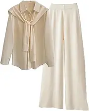 [Generic] Women Outfits Korean Casual Turn Down Collar Shirts+Knitting Shawls+Wide Leg Trouser Suits