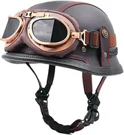 Leather Vintage Motorcycle Helmet Half Shell Helmet Motorcycle Helmet with Goggles Removable and Washable Lining Unisex Fit Motorcycle Chopper DOT/ECE Approved