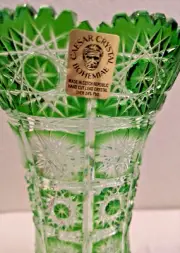 Vintage Large 8" CAESAR CRYSTAL Czech Green Vase Hand Cut