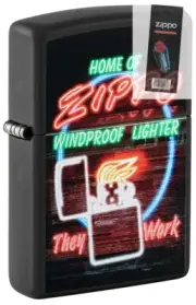 Zippo 48455 Neon Sign Design Black Matte Windproof Lighter + FLINT PACK