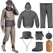 5Pcs Anti-Mosquito Suit with Midge Head Net Hat, Mosquito Suit Mosquito Protection, Lightweight Mesh Net Summer Bug Clothing with Jacket Gloves Pants for Fishing Camping Hunting Unisex
