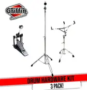 Kick Drum Pedal, Snare Stand & Straight Cymbal Stand | Drum Hardware Bundle Set