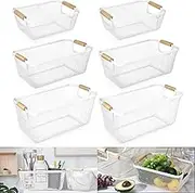 KitchEss 6 Pack Plastic Mesh Storage Baskets with Wood Handle, 3 Size Pantry Baskets, Plastic Wire Basket for Organizing Cabinet, Kitchen, Bathroom