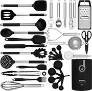 Silicone Cooking Utensils Set - Heat Resistant Silicone Kitchen Utensils for Cooking, Kitchen Utensil Spatula Set w Holder,BPA FREE Kitchen Gadgets Tools for Non-Stick Cookware Dishwasher Safe (Black)