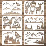 6PCS Mountain Stencils, Reusable Pine Tree, Wildlife, Deer for Wall & Crafts