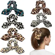Mtuihfo 6PCS Leopard Print Scrunchie, Leopard Hair Scrunchies Silk Hair Ties Elastics Large Ribbon Bow Satin Hair Scrunchies Ponytail Holders for Women Girls Animal Print Gifts