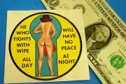 Vintage 60's REPRO Bumper Sticker 3" MAN CAVE He Who Fights WIFE NO PEACE CLEAR