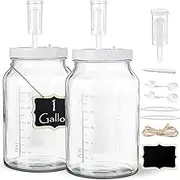 2 Pack 1 Gallon Large Fermentation Jars with 3 Airlocks and 2 SCREW Lids(100% Airtight Heavy Duty Lid w Silicone) - Wide Mouth Glass Jars w Scale Mark - Pickle Jars for Sauerkraut, Sourdough Starte