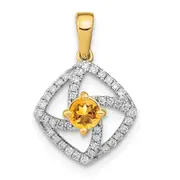 14K Yellow Gold Polished Real Diamond and Citrine Square Pendant