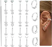 [Sanfenly] 21Pcs Threadless Earrings Flat Back Earrings 316L Surgical Steel Push in Stud Earrings Labret Studs Lip Rings CZ Opal Star ball Hoop Nose Rings - Cartilage Helix Conch Nostril Tragus Piercing